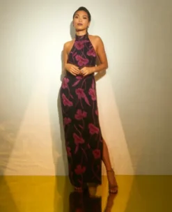 Adrianna Papell Wedding Guest Dresses|Formal Dresses*Beaded Floral Halter Column Gown With Mock Neck In Black Multi