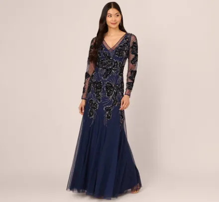 Adrianna Papell Wedding Guest Dresses|Formal Dresses*Beaded Long Sleeve Mermaid Gown With Velvet Trim In Light Navy