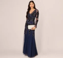 Adrianna Papell Wedding Guest Dresses|Formal Dresses*Beaded Long Sleeve Mermaid Gown With Velvet Trim In Light Navy