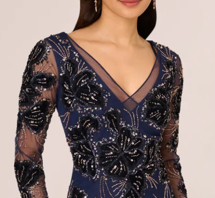 Adrianna Papell Wedding Guest Dresses|Formal Dresses*Beaded Long Sleeve Mermaid Gown With Velvet Trim In Light Navy