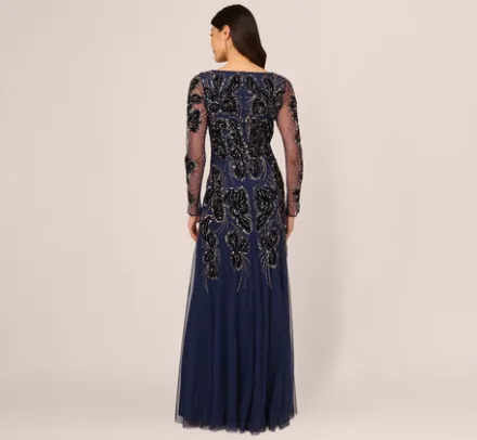 Adrianna Papell Wedding Guest Dresses|Formal Dresses*Beaded Long Sleeve Mermaid Gown With Velvet Trim In Light Navy