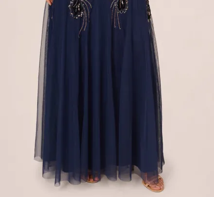 Adrianna Papell Wedding Guest Dresses|Formal Dresses*Beaded Long Sleeve Mermaid Gown With Velvet Trim In Light Navy