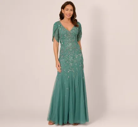 Adrianna Papell Wedding Guest Dresses|Formal Dresses*Beaded Mermaid Gown With Sheer Petal Sleeves In Green Slate
