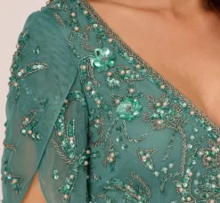 Adrianna Papell Wedding Guest Dresses|Formal Dresses*Beaded Mermaid Gown With Sheer Petal Sleeves In Green Slate