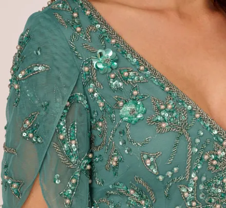 Adrianna Papell Wedding Guest Dresses|Formal Dresses*Beaded Mermaid Gown With Sheer Petal Sleeves In Green Slate