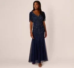 Adrianna Papell Wedding Guest Dresses|Formal Dresses*Beaded Mermaid Gown With Sheer Petal Sleeves In Light Navy
