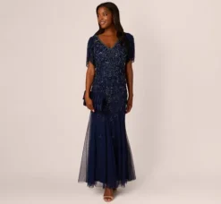 Adrianna Papell Wedding Guest Dresses|Formal Dresses*Beaded Mermaid Gown With Sheer Petal Sleeves In Light Navy