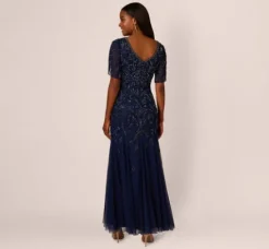 Adrianna Papell Wedding Guest Dresses|Formal Dresses*Beaded Mermaid Gown With Sheer Petal Sleeves In Light Navy