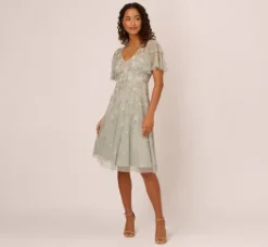 Adrianna Papell Wedding Guest Dresses|Petite-Friendly*Beaded Midi Dress With Sheer Ruffled Sleeves In Frosted Sage