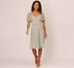 Adrianna Papell Wedding Guest Dresses|Petite-Friendly*Beaded Midi Dress With Sheer Ruffled Sleeves In Frosted Sage