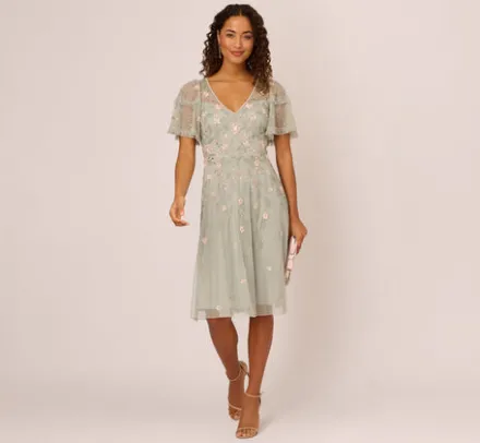 Adrianna Papell Wedding Guest Dresses|Petite-Friendly*Beaded Midi Dress With Sheer Ruffled Sleeves In Frosted Sage