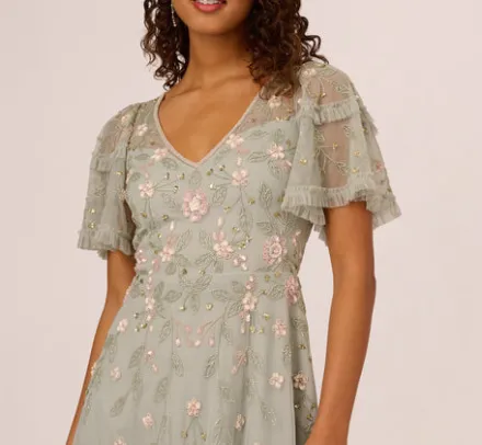 Adrianna Papell Wedding Guest Dresses|Petite-Friendly*Beaded Midi Dress With Sheer Ruffled Sleeves In Frosted Sage