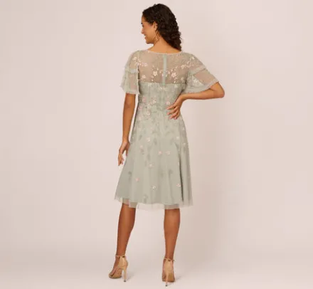 Adrianna Papell Wedding Guest Dresses|Petite-Friendly*Beaded Midi Dress With Sheer Ruffled Sleeves In Frosted Sage