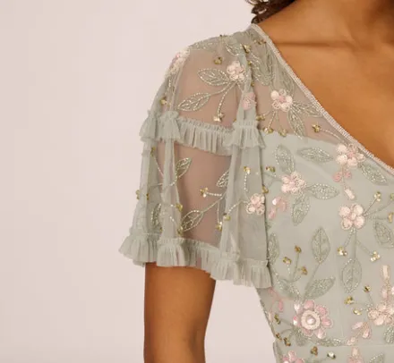 Adrianna Papell Wedding Guest Dresses|Petite-Friendly*Beaded Midi Dress With Sheer Ruffled Sleeves In Frosted Sage