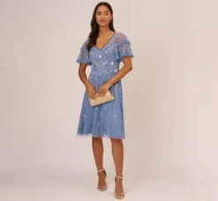 Adrianna Papell Wedding Guest Dresses|Petite-Friendly*Beaded Midi Dress With Sheer Ruffled Sleeves In French Blue