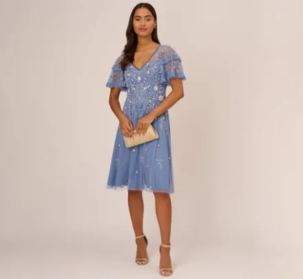 Adrianna Papell Wedding Guest Dresses|Petite-Friendly*Beaded Midi Dress With Sheer Ruffled Sleeves In French Blue