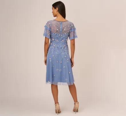 Adrianna Papell Wedding Guest Dresses|Petite-Friendly*Beaded Midi Dress With Sheer Ruffled Sleeves In French Blue