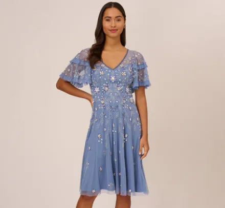 Adrianna Papell Wedding Guest Dresses|Petite-Friendly*Beaded Midi Dress With Sheer Ruffled Sleeves In French Blue