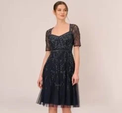 Adrianna Papell Wedding Guest Dresses|Petite-Friendly*Beaded Midi Dress With Sheer Short Sleeves In