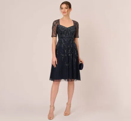 Adrianna Papell Wedding Guest Dresses|Petite-Friendly*Beaded Midi Dress With Sheer Short Sleeves In