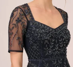 Adrianna Papell Wedding Guest Dresses|Petite-Friendly*Beaded Midi Dress With Sheer Short Sleeves In