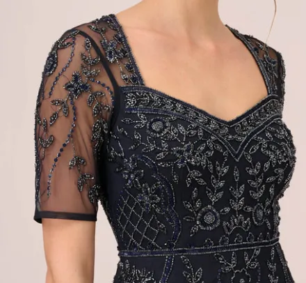 Adrianna Papell Wedding Guest Dresses|Petite-Friendly*Beaded Midi Dress With Sheer Short Sleeves In