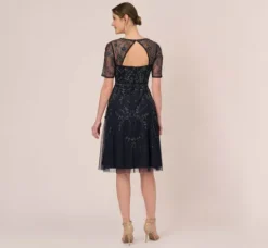 Adrianna Papell Wedding Guest Dresses|Petite-Friendly*Beaded Midi Dress With Sheer Short Sleeves In