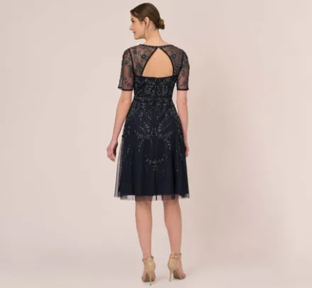 Adrianna Papell Wedding Guest Dresses|Petite-Friendly*Beaded Midi Dress With Sheer Short Sleeves In