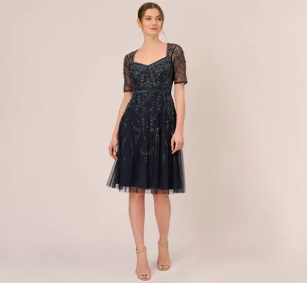 Adrianna Papell Wedding Guest Dresses|Petite-Friendly*Beaded Midi Dress With Sheer Short Sleeves In