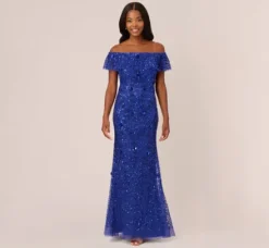 Adrianna Papell Wedding Guest Dresses|Formal Dresses*Beaded Off The Shoulder Mermaid Gown With Flutter Neck In Ultra Blue