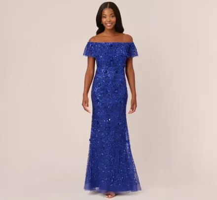 Adrianna Papell Wedding Guest Dresses|Formal Dresses*Beaded Off The Shoulder Mermaid Gown With Flutter Neck In Ultra Blue