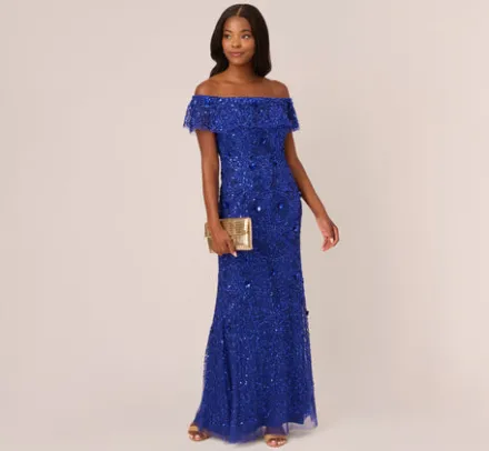 Adrianna Papell Wedding Guest Dresses|Formal Dresses*Beaded Off The Shoulder Mermaid Gown With Flutter Neck In Ultra Blue