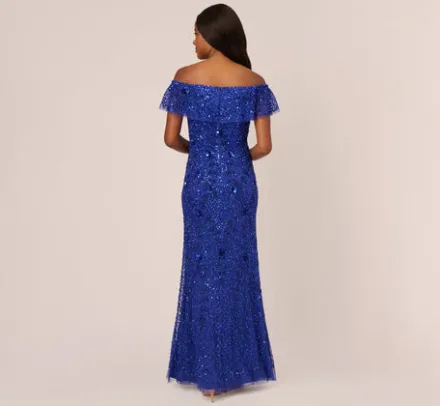 Adrianna Papell Wedding Guest Dresses|Formal Dresses*Beaded Off The Shoulder Mermaid Gown With Flutter Neck In Ultra Blue