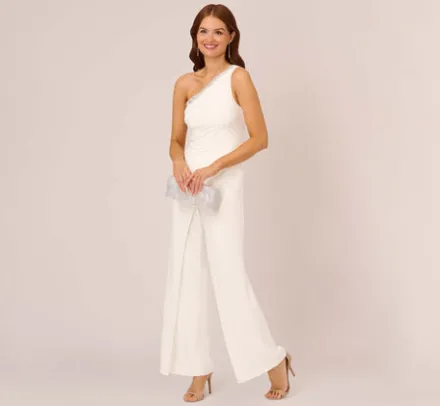 Adrianna Papell Jumpsuits*Beaded One-Shoulder Matte Jersey Jumpsuit In