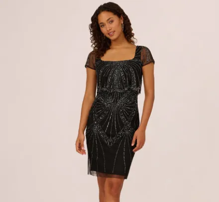Adrianna Papell Wedding Guest Dresses*Beaded Popover Dress With Sheer Cap Sleeves In Black Gunmetal