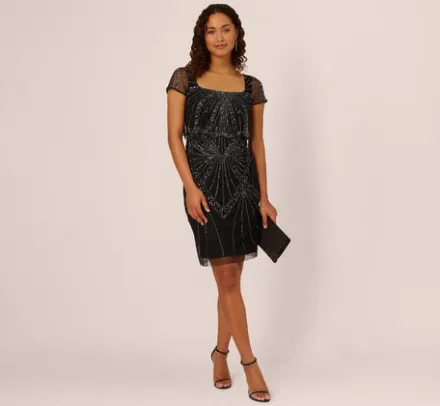Adrianna Papell Wedding Guest Dresses*Beaded Popover Dress With Sheer Cap Sleeves In Black Gunmetal