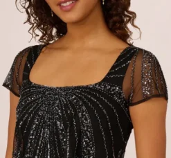 Adrianna Papell Wedding Guest Dresses*Beaded Popover Dress With Sheer Cap Sleeves In Black Gunmetal