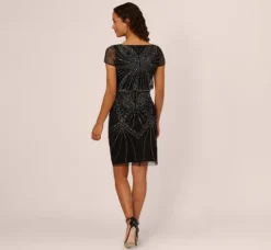 Adrianna Papell Wedding Guest Dresses*Beaded Popover Dress With Sheer Cap Sleeves In Black Gunmetal