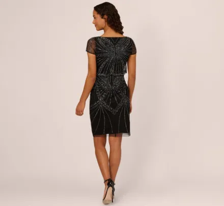 Adrianna Papell Wedding Guest Dresses*Beaded Popover Dress With Sheer Cap Sleeves In Black Gunmetal