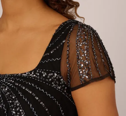 Adrianna Papell Wedding Guest Dresses*Beaded Popover Dress With Sheer Cap Sleeves In Black Gunmetal