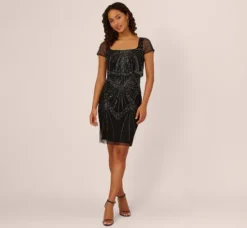 Adrianna Papell Wedding Guest Dresses*Beaded Popover Dress With Sheer Cap Sleeves In Black Gunmetal