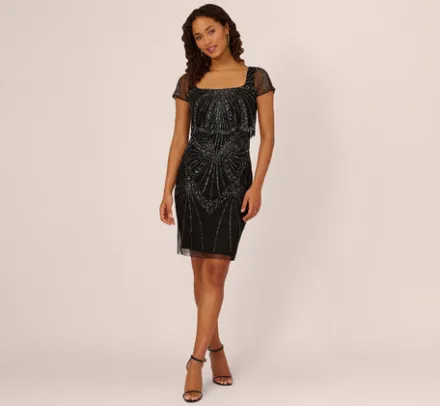 Adrianna Papell Wedding Guest Dresses*Beaded Popover Dress With Sheer Cap Sleeves In Black Gunmetal