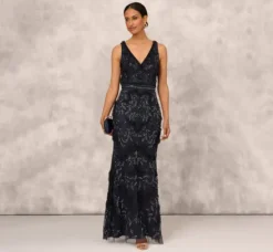 Adrianna Papell Wedding Guest Dresses|Formal Dresses*Beaded Ruffle Sleeveless Gown With V-Neck And Back In