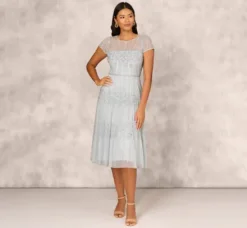 Adrianna Papell Wedding Guest Dresses|Petite-Friendly*Beaded Short Sleeve Midi Dress With Sheer Details In Snow Globe