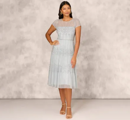Adrianna Papell Wedding Guest Dresses|Petite-Friendly*Beaded Short Sleeve Midi Dress With Sheer Details In Snow Globe
