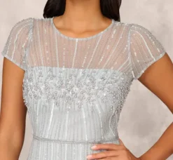 Adrianna Papell Wedding Guest Dresses|Petite-Friendly*Beaded Short Sleeve Midi Dress With Sheer Details In Snow Globe