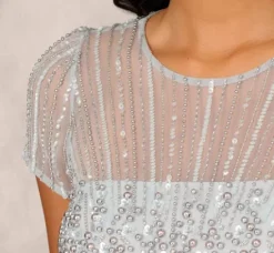 Adrianna Papell Wedding Guest Dresses|Petite-Friendly*Beaded Short Sleeve Midi Dress With Sheer Details In Snow Globe