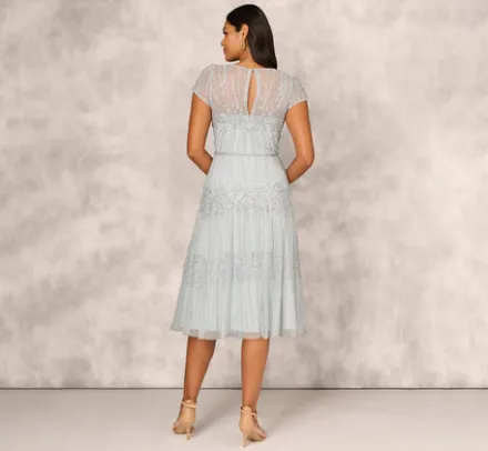 Adrianna Papell Wedding Guest Dresses|Petite-Friendly*Beaded Short Sleeve Midi Dress With Sheer Details In Snow Globe