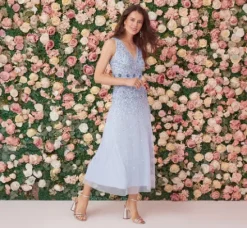 Adrianna Papell Wedding Guest Dresses|Grandmother Of The Bride & Groom*Beaded Sleeveless Ankle Length Gown With V Back In Elegant Sky