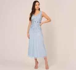Adrianna Papell Wedding Guest Dresses|Grandmother Of The Bride & Groom*Beaded Sleeveless Ankle Length Gown With V Back In Elegant Sky